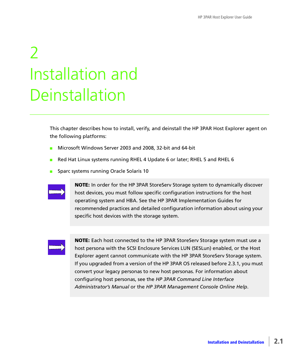 Installation and deinstallation, 2 installation and deinstallation | HP 3PAR Host Explorer Software User Manual | Page 11 / 24