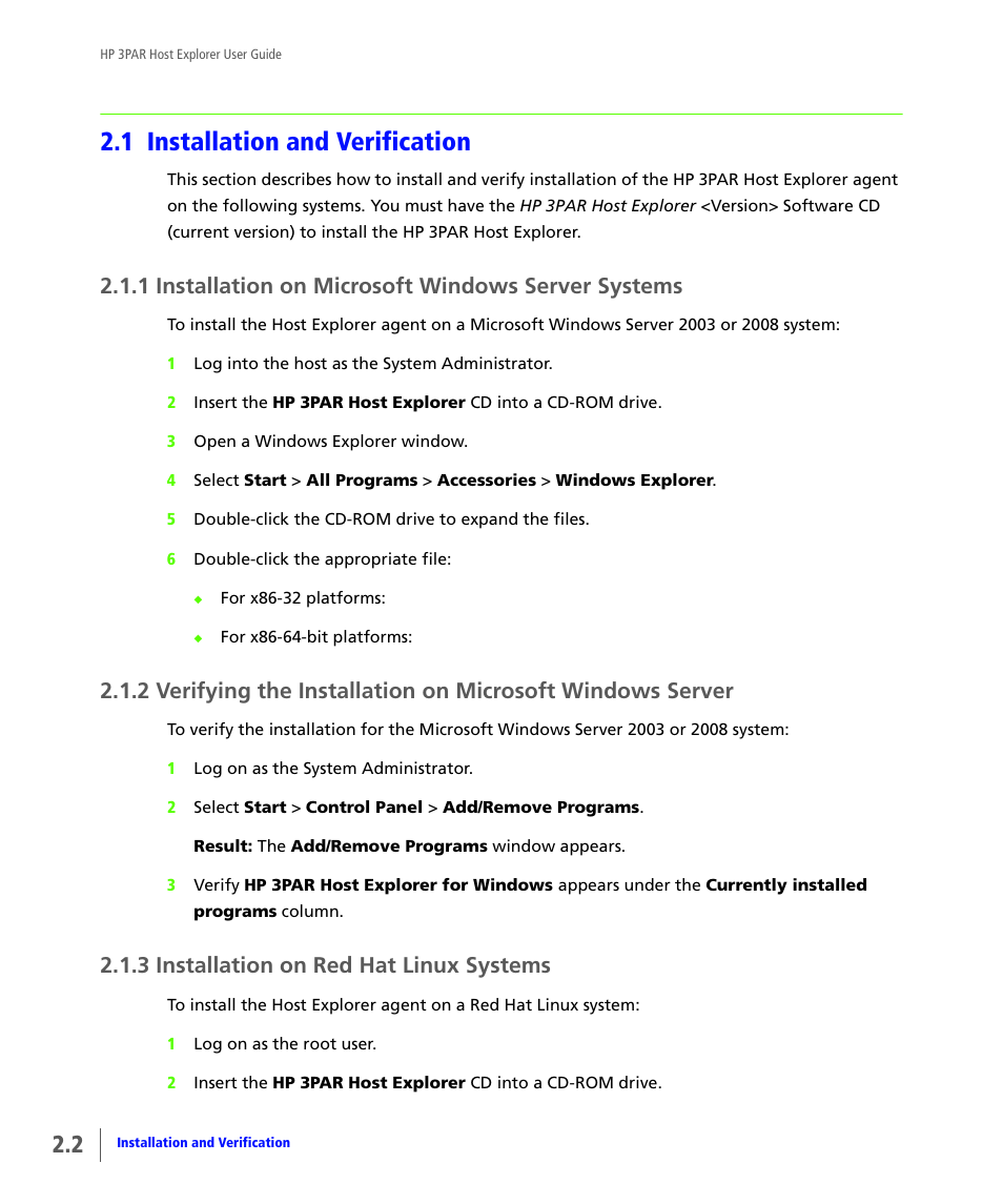 1 installation and verification, 1 installation on microsoft windows server systems, 3 installation on red hat linux systems | Installation and verification, Installation on microsoft windows server systems, Installation on red hat linux systems | HP 3PAR Host Explorer Software User Manual | Page 12 / 24