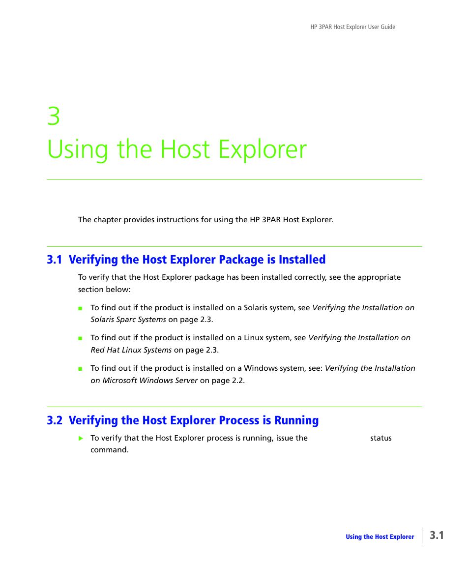 Using the host explorer, 1 verifying the host explorer package is installed, 2 verifying the host explorer process is running | Verifying the host explorer package is installed, Verifying the host explorer process is running, 3 using the host explorer | HP 3PAR Host Explorer Software User Manual | Page 15 / 24