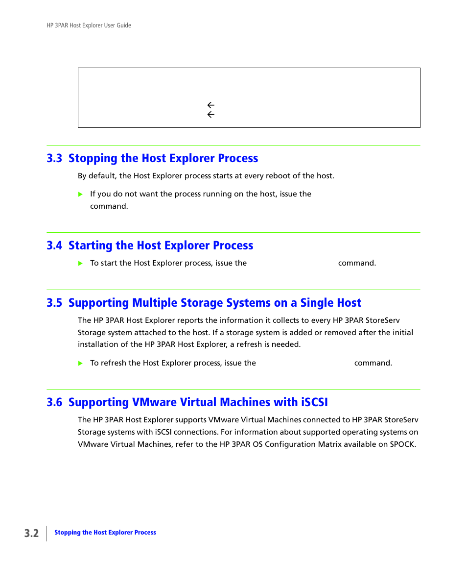 3 stopping the host explorer process, 4 starting the host explorer process, 6 supporting vmware virtual machines with iscsi | Stopping the host explorer process, Starting the host explorer process, Supporting vmware virtual machines with iscsi | HP 3PAR Host Explorer Software User Manual | Page 16 / 24