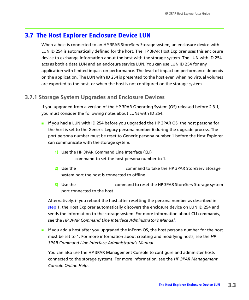 7 the host explorer enclosure device lun, 1 storage system upgrades and enclosure devices, The host explorer enclosure device lun | Storage system upgrades and enclosure devices | HP 3PAR Host Explorer Software User Manual | Page 17 / 24