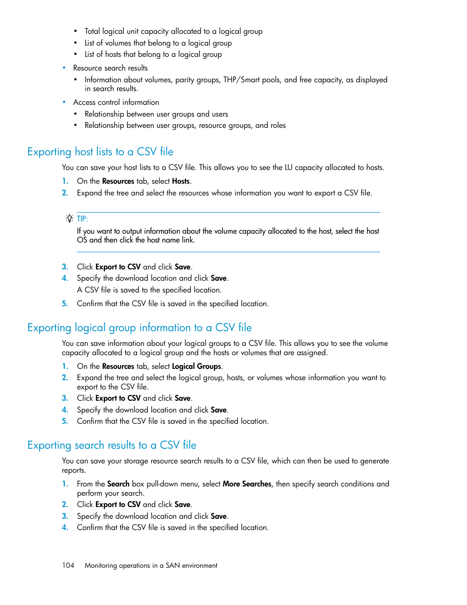 Exporting host lists to a csv file, Exporting logical group information to a csv file, Exporting search results to a csv file | 104 exporting search results to a csv file | HP XP P9000 Command View Advanced Edition Software User Manual | Page 104 / 170