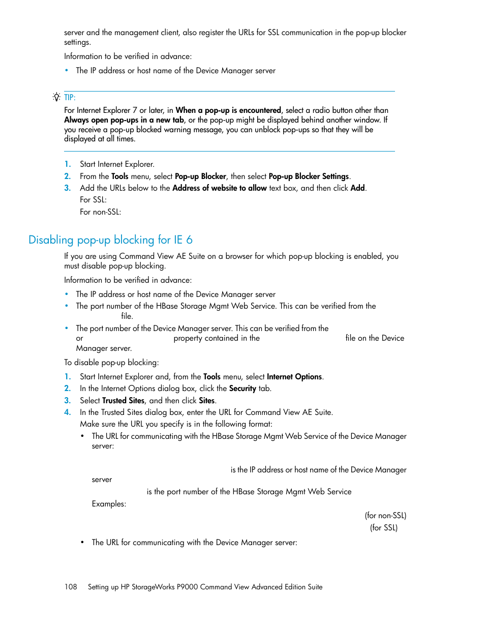 Disabling pop-up blocking for ie 6 | HP XP P9000 Command View Advanced Edition Software User Manual | Page 108 / 170