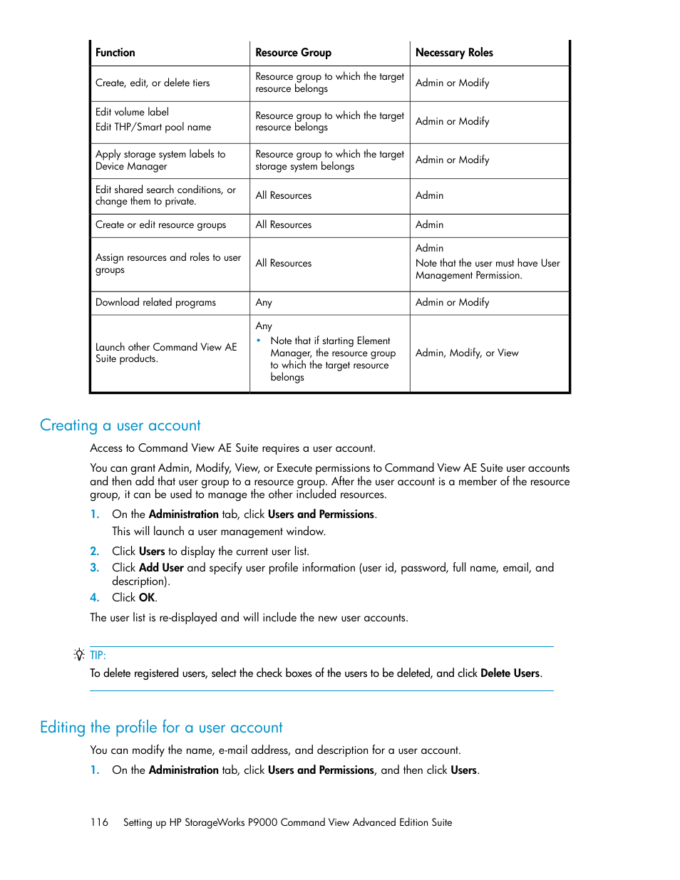 Creating a user account, Editing the profile for a user account, 116 editing the profile for a user account | HP XP P9000 Command View Advanced Edition Software User Manual | Page 116 / 170