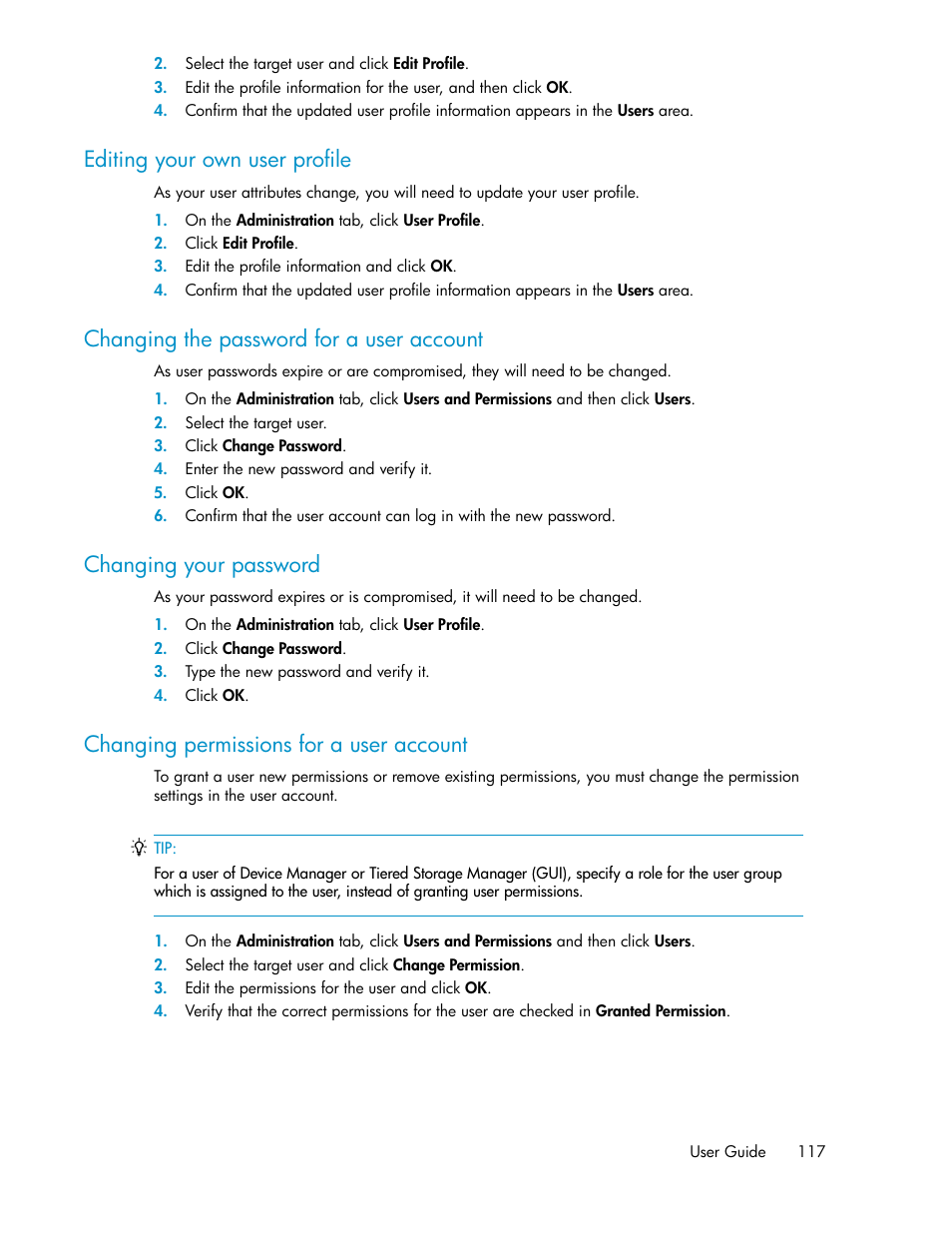 Editing your own user profile, Changing the password for a user account, Changing your password | Changing permissions for a user account, 117 changing the password for a user account, 117 changing your password, 117 changing permissions for a user account | HP XP P9000 Command View Advanced Edition Software User Manual | Page 117 / 170