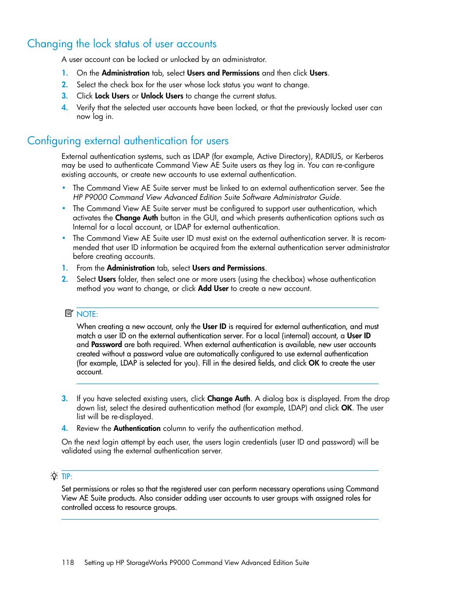 Changing the lock status of user accounts, Configuring external authentication for users | HP XP P9000 Command View Advanced Edition Software User Manual | Page 118 / 170