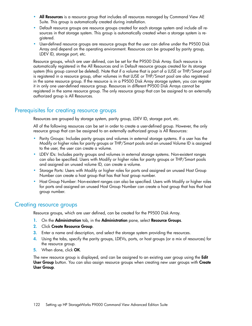 Prerequisites for creating resource groups, Creating resource groups, 122 creating resource groups | HP XP P9000 Command View Advanced Edition Software User Manual | Page 122 / 170