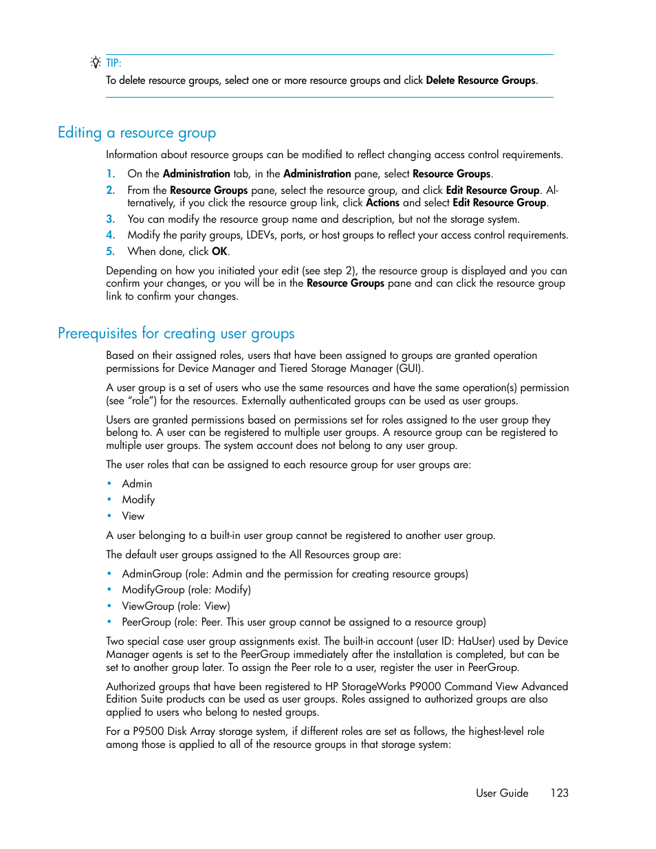 Editing a resource group, Prerequisites for creating user groups, 123 prerequisites for creating user groups | HP XP P9000 Command View Advanced Edition Software User Manual | Page 123 / 170