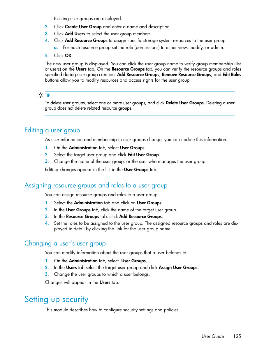 Editing a user group, Changing a user’s user group, Setting up security | 125 changing a user’s user group | HP XP P9000 Command View Advanced Edition Software User Manual | Page 125 / 170