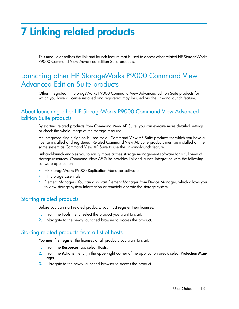 7 linking related products, Starting related products, Starting related products from a list of hosts | 131 starting related products, 131 starting related products from a list of hosts | HP XP P9000 Command View Advanced Edition Software User Manual | Page 131 / 170