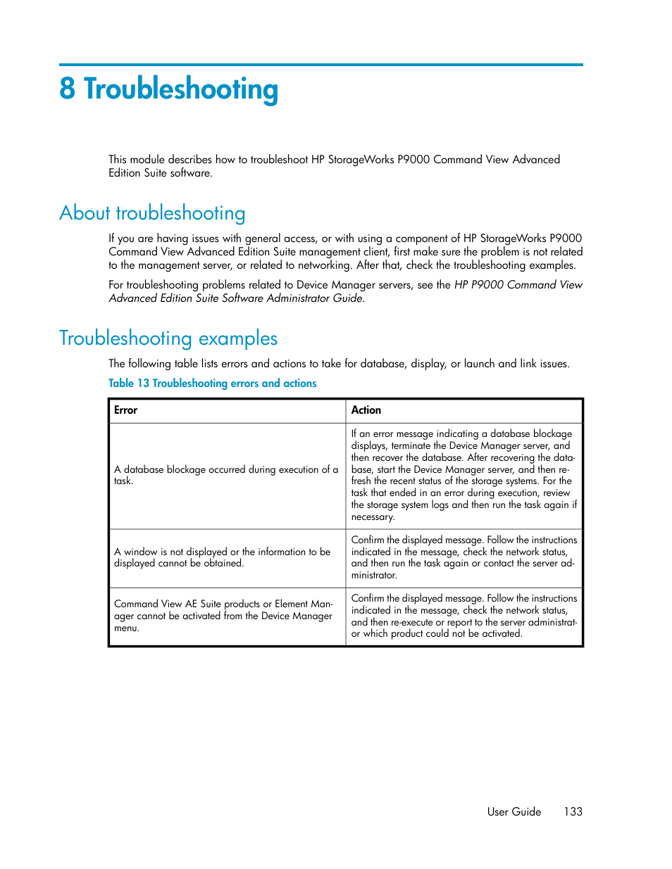 8 troubleshooting, About troubleshooting, Troubleshooting examples | 133 troubleshooting examples, Troubleshooting errors and actions | HP XP P9000 Command View Advanced Edition Software User Manual | Page 133 / 170
