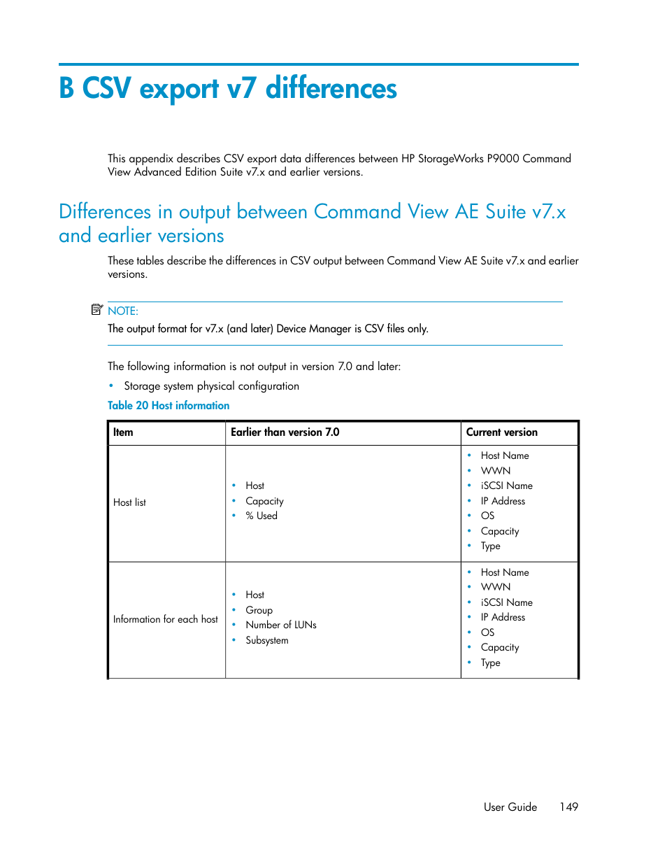 B csv export v7 differences, Host information | HP XP P9000 Command View Advanced Edition Software User Manual | Page 149 / 170