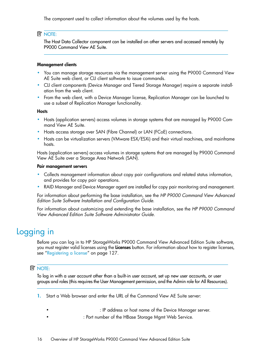Logging in | HP XP P9000 Command View Advanced Edition Software User Manual | Page 16 / 170