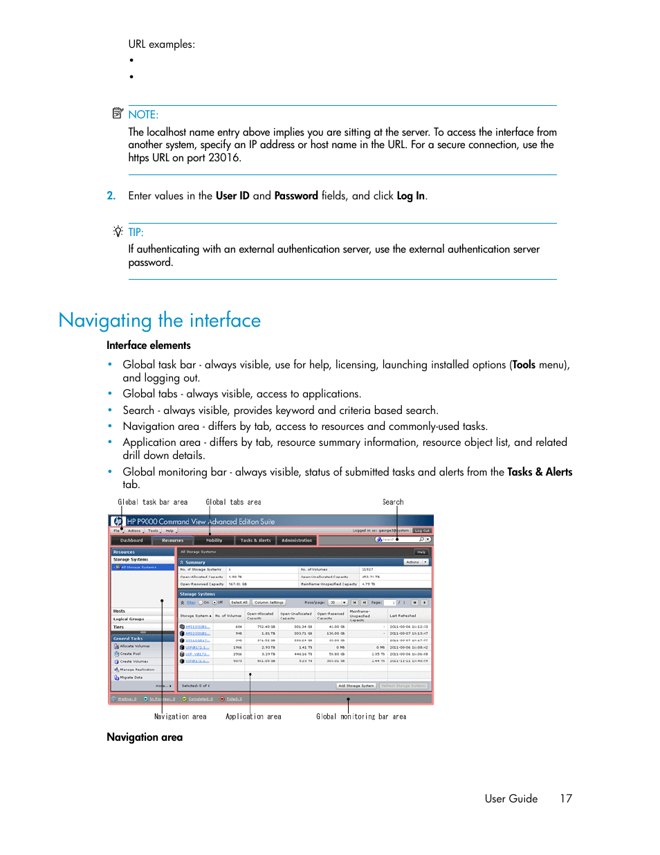 Navigating the interface | HP XP P9000 Command View Advanced Edition Software User Manual | Page 17 / 170