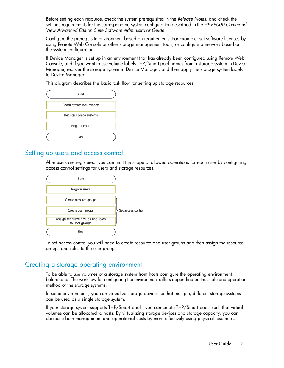 Setting up users and access control, Creating a storage operating environment, 21 creating a storage operating environment | HP XP P9000 Command View Advanced Edition Software User Manual | Page 21 / 170