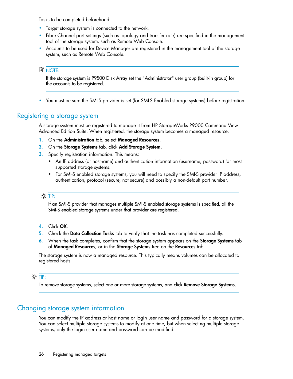 Registering a storage system, Changing storage system information, 26 changing storage system information | HP XP P9000 Command View Advanced Edition Software User Manual | Page 26 / 170