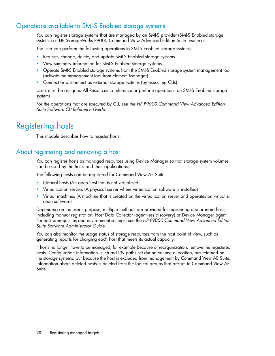 Registering hosts, About registering and removing a host | HP XP P9000 Command View Advanced Edition Software User Manual | Page 28 / 170