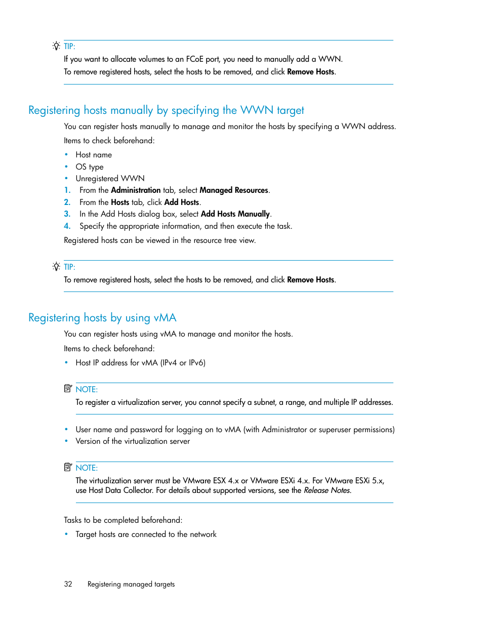 Registering hosts by using vma, 32 registering hosts by using vma | HP XP P9000 Command View Advanced Edition Software User Manual | Page 32 / 170