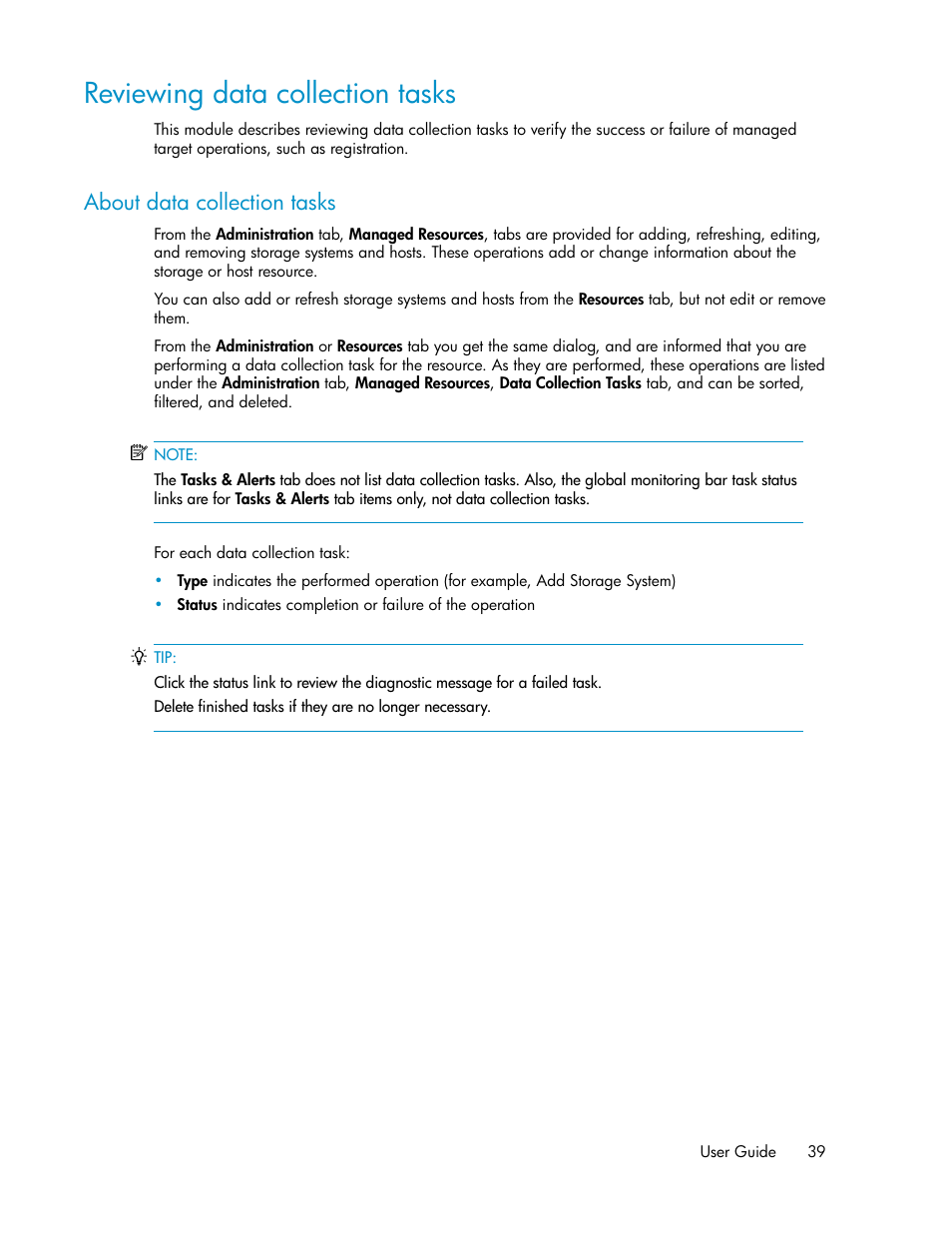 Reviewing data collection tasks, About data collection tasks | HP XP P9000 Command View Advanced Edition Software User Manual | Page 39 / 170
