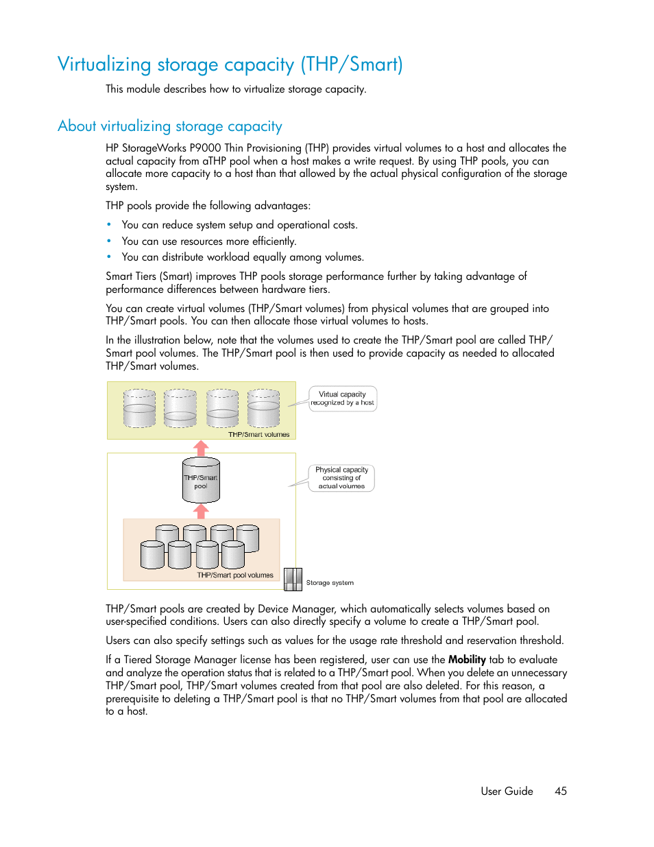 Virtualizing storage capacity (thp/smart), About virtualizing storage capacity | HP XP P9000 Command View Advanced Edition Software User Manual | Page 45 / 170