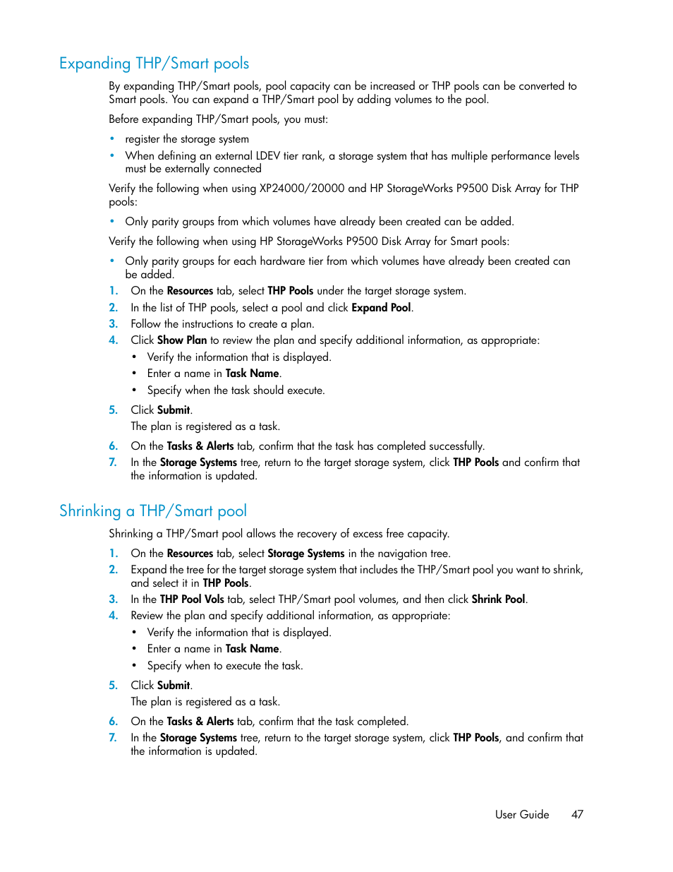 Expanding thp/smart pools, Shrinking a thp/smart pool, 47 shrinking a thp/smart pool | HP XP P9000 Command View Advanced Edition Software User Manual | Page 47 / 170