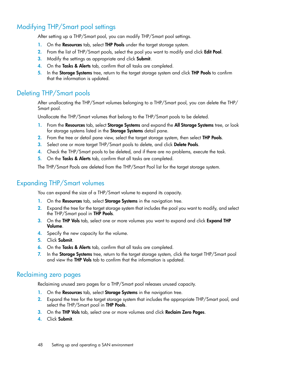 Modifying thp/smart pool settings, Deleting thp/smart pools, Expanding thp/smart volumes | 48 deleting thp/smart pools, 48 expanding thp/smart volumes, Reclaiming zero pages | HP XP P9000 Command View Advanced Edition Software User Manual | Page 48 / 170