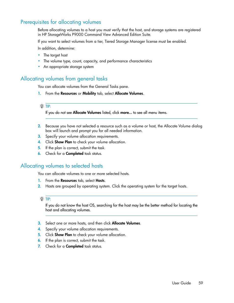 Prerequisites for allocating volumes, Allocating volumes from general tasks, Allocating volumes to selected hosts | 59 allocating volumes from general tasks, 59 allocating volumes to selected hosts | HP XP P9000 Command View Advanced Edition Software User Manual | Page 59 / 170