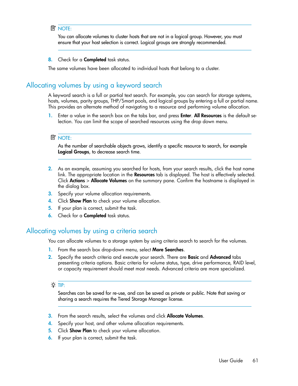 Allocating volumes by using a keyword search, Allocating volumes by using a criteria search, 61 allocating volumes by using a criteria search | HP XP P9000 Command View Advanced Edition Software User Manual | Page 61 / 170