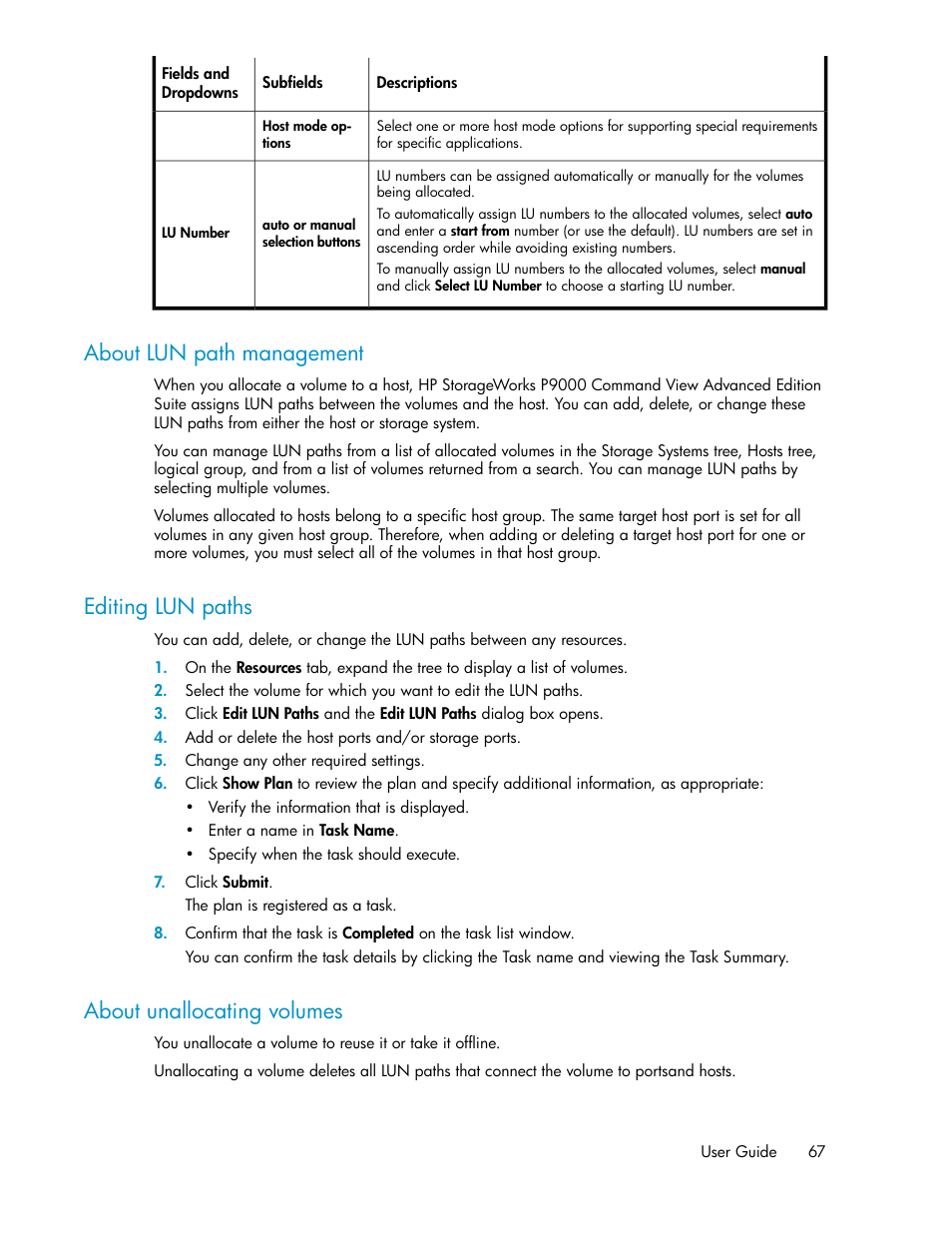 About lun path management, Editing lun paths, About unallocating volumes | 67 editing lun paths, 67 about unallocating volumes | HP XP P9000 Command View Advanced Edition Software User Manual | Page 67 / 170
