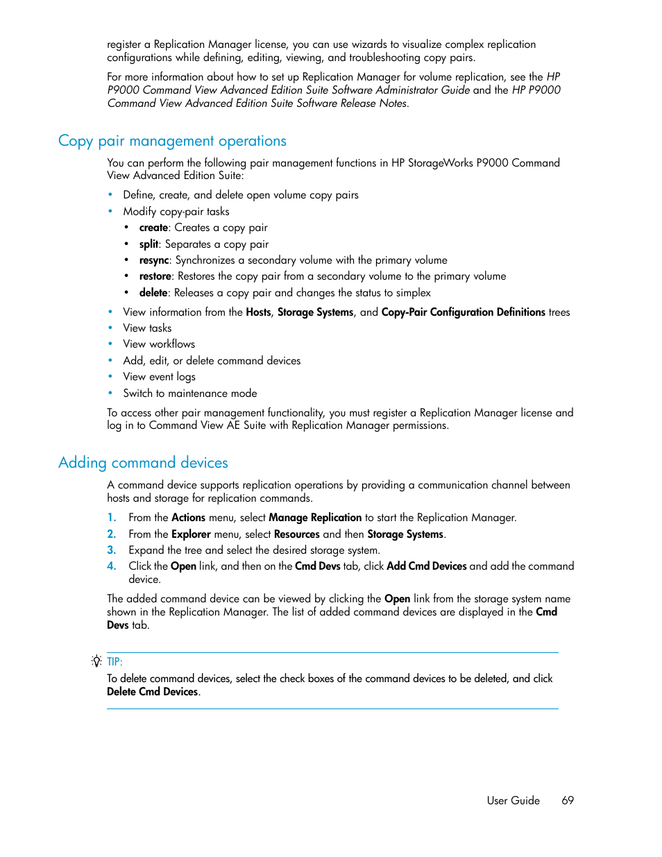 Copy pair management operations, Adding command devices, 69 adding command devices | HP XP P9000 Command View Advanced Edition Software User Manual | Page 69 / 170