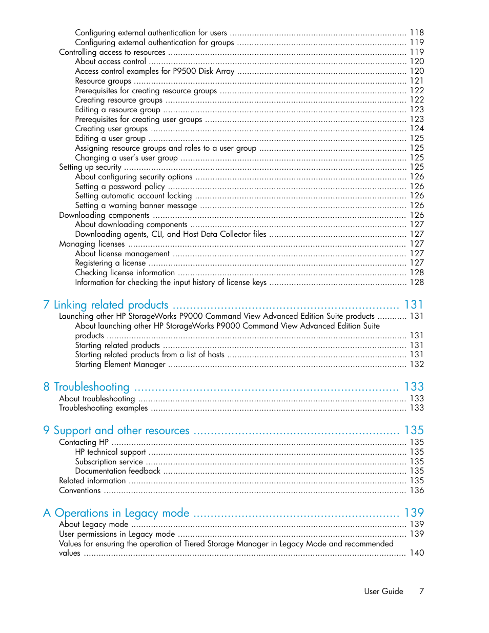 7 linking related products, 8 troubleshooting, 9 support and other resources | A operations in legacy mode | HP XP P9000 Command View Advanced Edition Software User Manual | Page 7 / 170