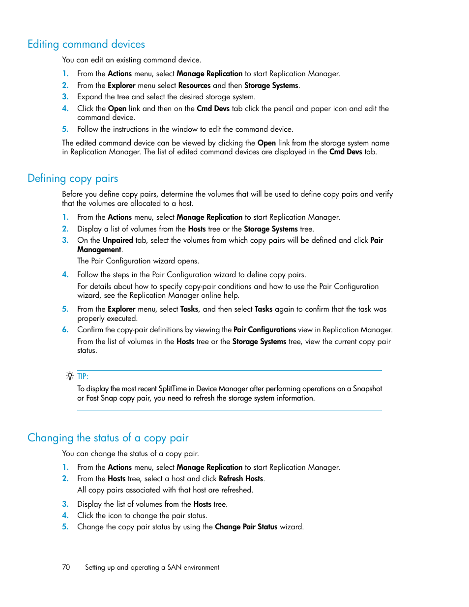 Editing command devices, Defining copy pairs, Changing the status of a copy pair | 70 defining copy pairs, 70 changing the status of a copy pair | HP XP P9000 Command View Advanced Edition Software User Manual | Page 70 / 170