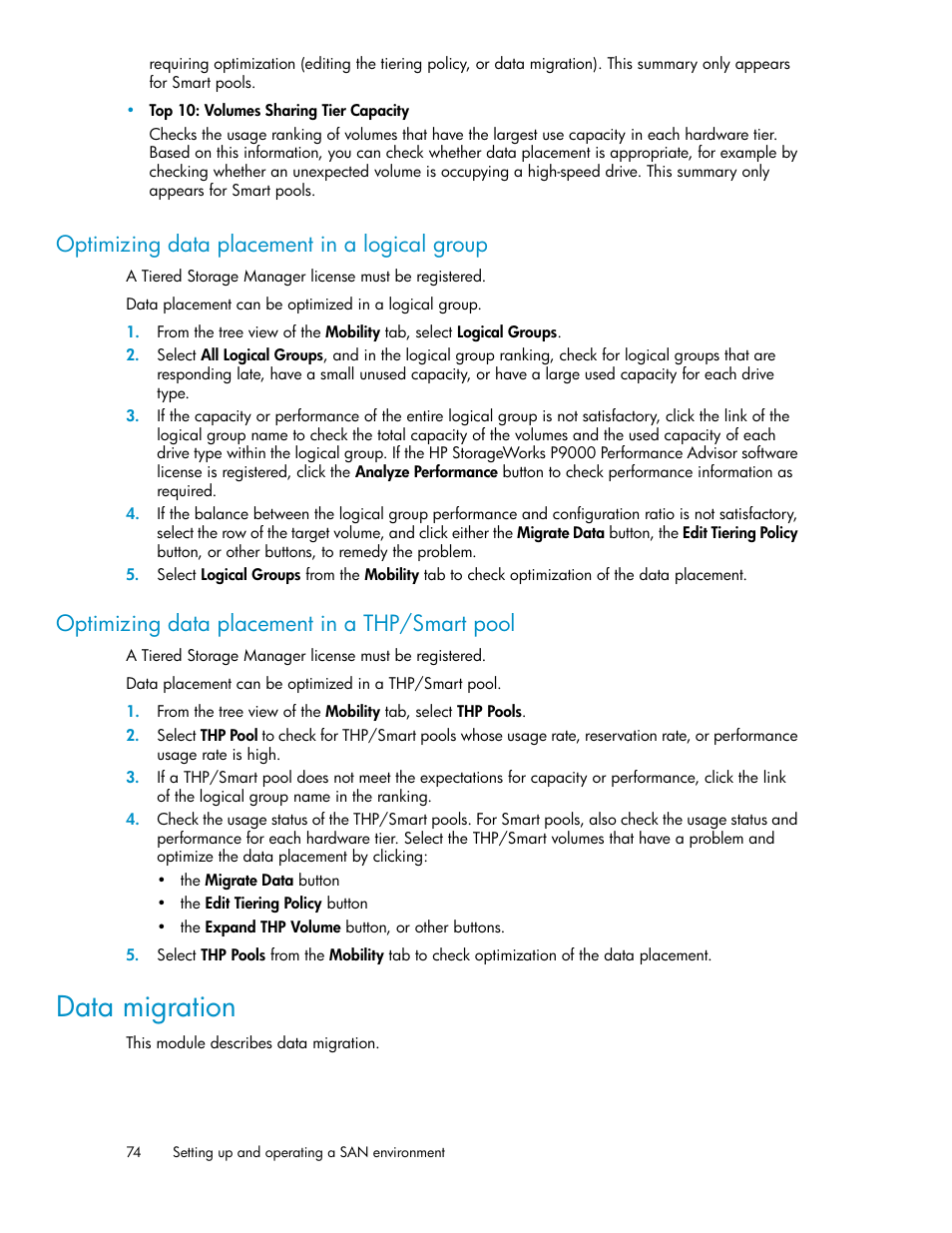 Optimizing data placement in a logical group, Optimizing data placement in a thp/smart pool, Data migration | 74 optimizing data placement in a thp/smart pool | HP XP P9000 Command View Advanced Edition Software User Manual | Page 74 / 170