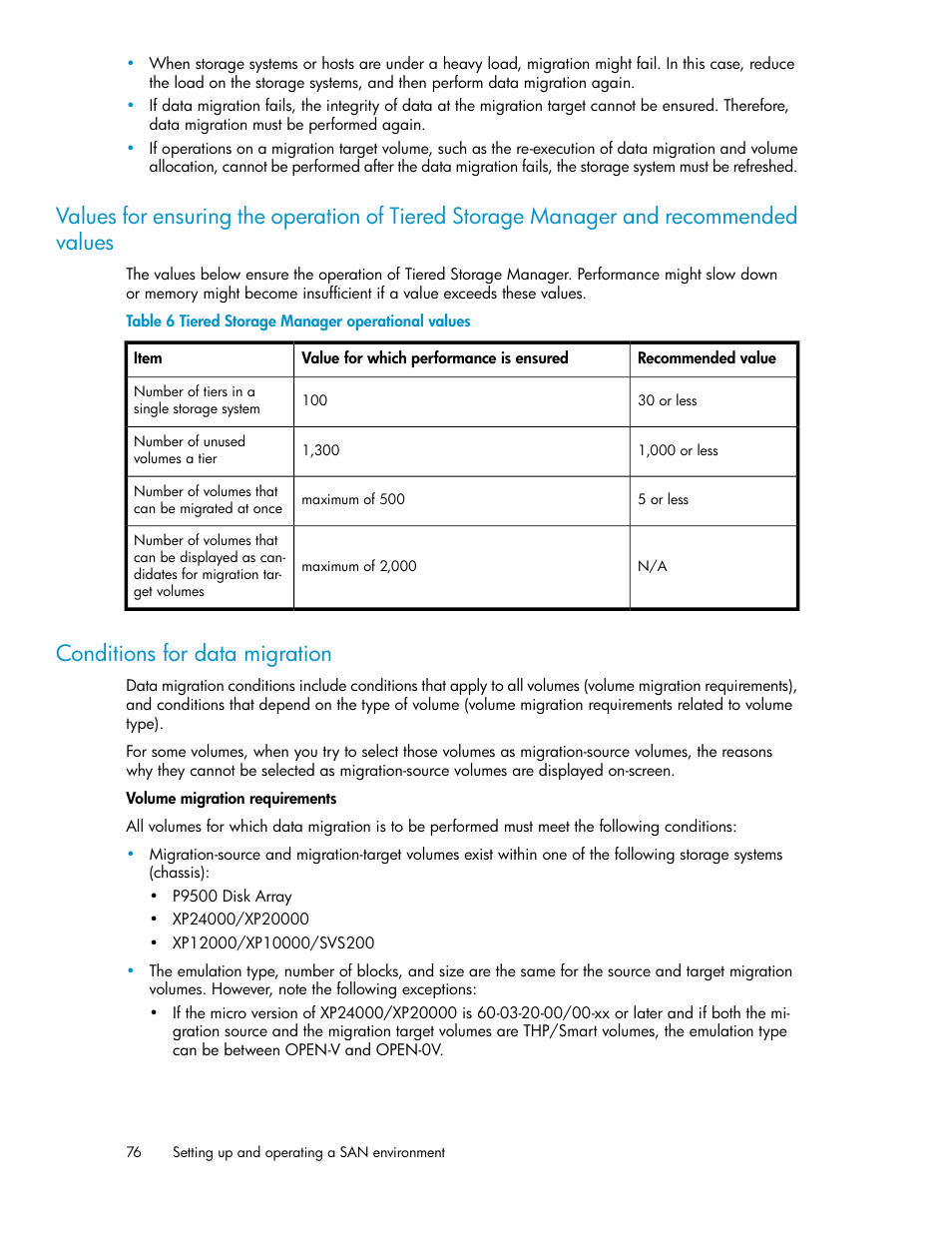 Conditions for data migration, 76 conditions for data migration, Tiered storage manager operational values | HP XP P9000 Command View Advanced Edition Software User Manual | Page 76 / 170