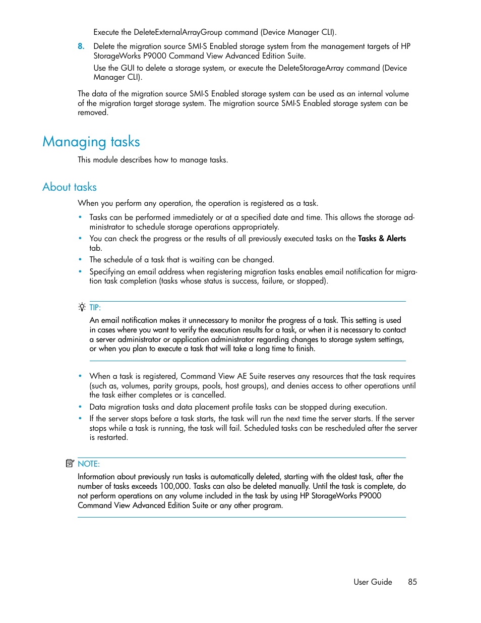 Managing tasks, About tasks | HP XP P9000 Command View Advanced Edition Software User Manual | Page 85 / 170