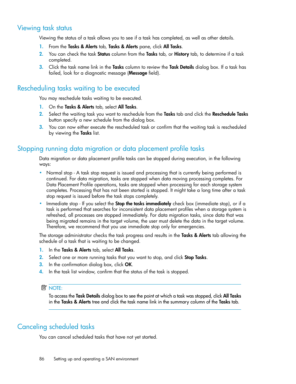 Viewing task status, Rescheduling tasks waiting to be executed, Canceling scheduled tasks | 86 rescheduling tasks waiting to be executed, 86 canceling scheduled tasks | HP XP P9000 Command View Advanced Edition Software User Manual | Page 86 / 170