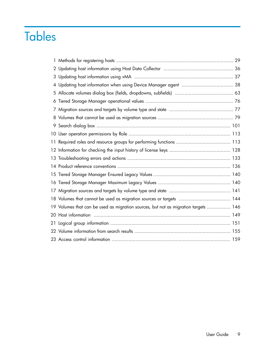 Tables | HP XP P9000 Command View Advanced Edition Software User Manual | Page 9 / 170