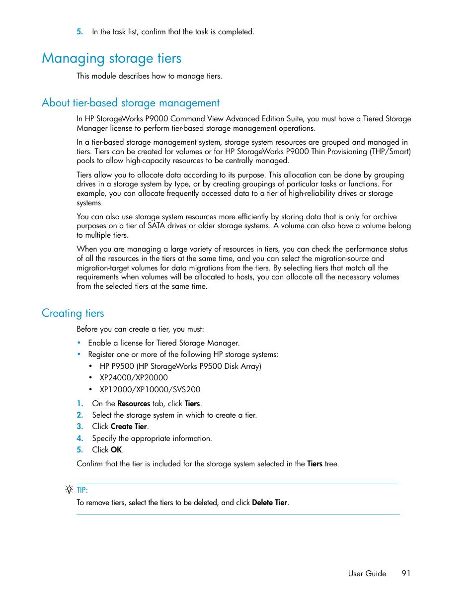 Managing storage tiers, About tier-based storage management, Creating tiers | 91 creating tiers | HP XP P9000 Command View Advanced Edition Software User Manual | Page 91 / 170