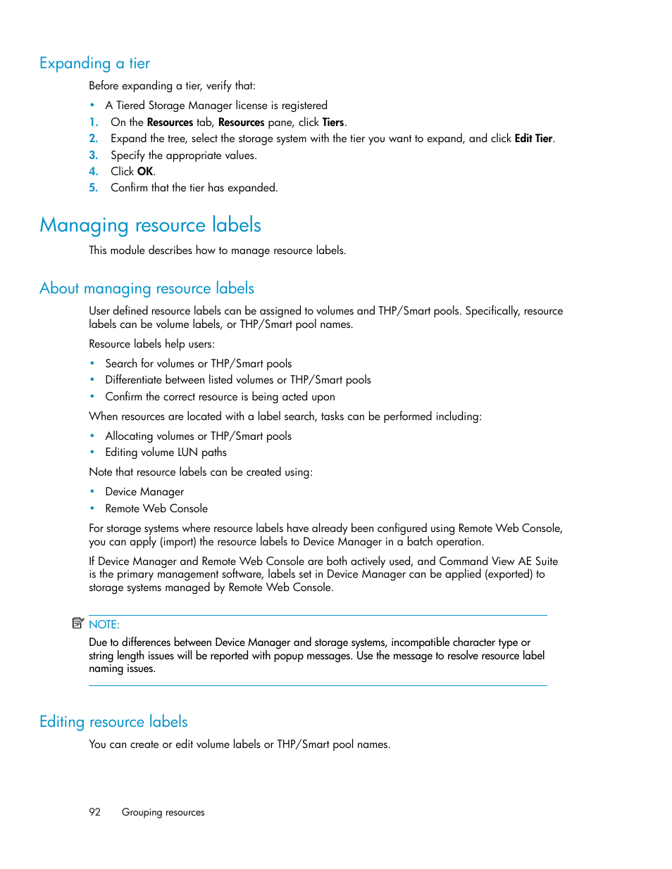 Expanding a tier, Managing resource labels, About managing resource labels | Editing resource labels, 92 editing resource labels | HP XP P9000 Command View Advanced Edition Software User Manual | Page 92 / 170
