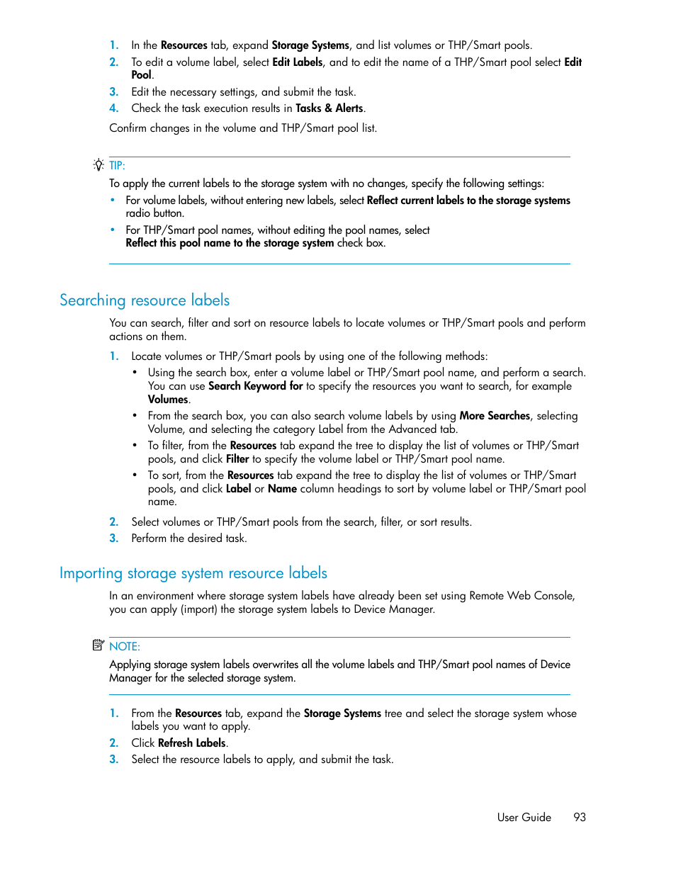 Searching resource labels, Importing storage system resource labels, 93 importing storage system resource labels | HP XP P9000 Command View Advanced Edition Software User Manual | Page 93 / 170