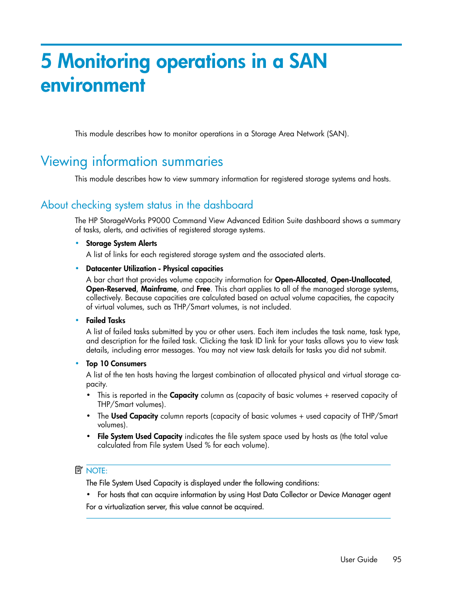 5 monitoring operations in a san environment, Viewing information summaries, About checking system status in the dashboard | HP XP P9000 Command View Advanced Edition Software User Manual | Page 95 / 170