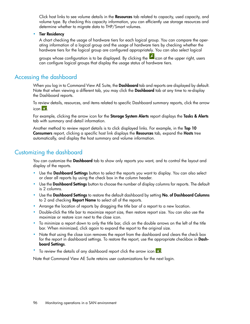 Accessing the dashboard, Customizing the dashboard, 96 customizing the dashboard | HP XP P9000 Command View Advanced Edition Software User Manual | Page 96 / 170