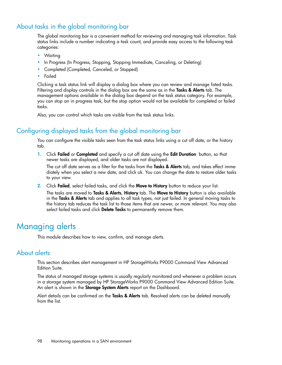 About tasks in the global monitoring bar, Managing alerts, About alerts | HP XP P9000 Command View Advanced Edition Software User Manual | Page 98 / 170