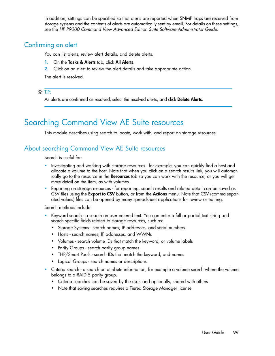 Confirming an alert, Searching command view ae suite resources, About searching command view ae suite resources | HP XP P9000 Command View Advanced Edition Software User Manual | Page 99 / 170