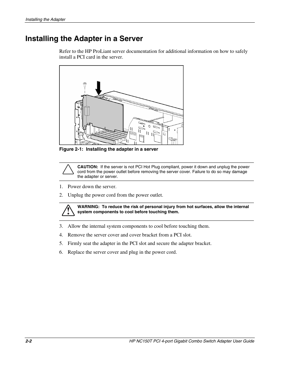Installing the adapter in a server, Installing the adapter in a server -2 | HP NC150T PCI 4-port Gigabit Combo Switch Adapter User Manual | Page 10 / 17