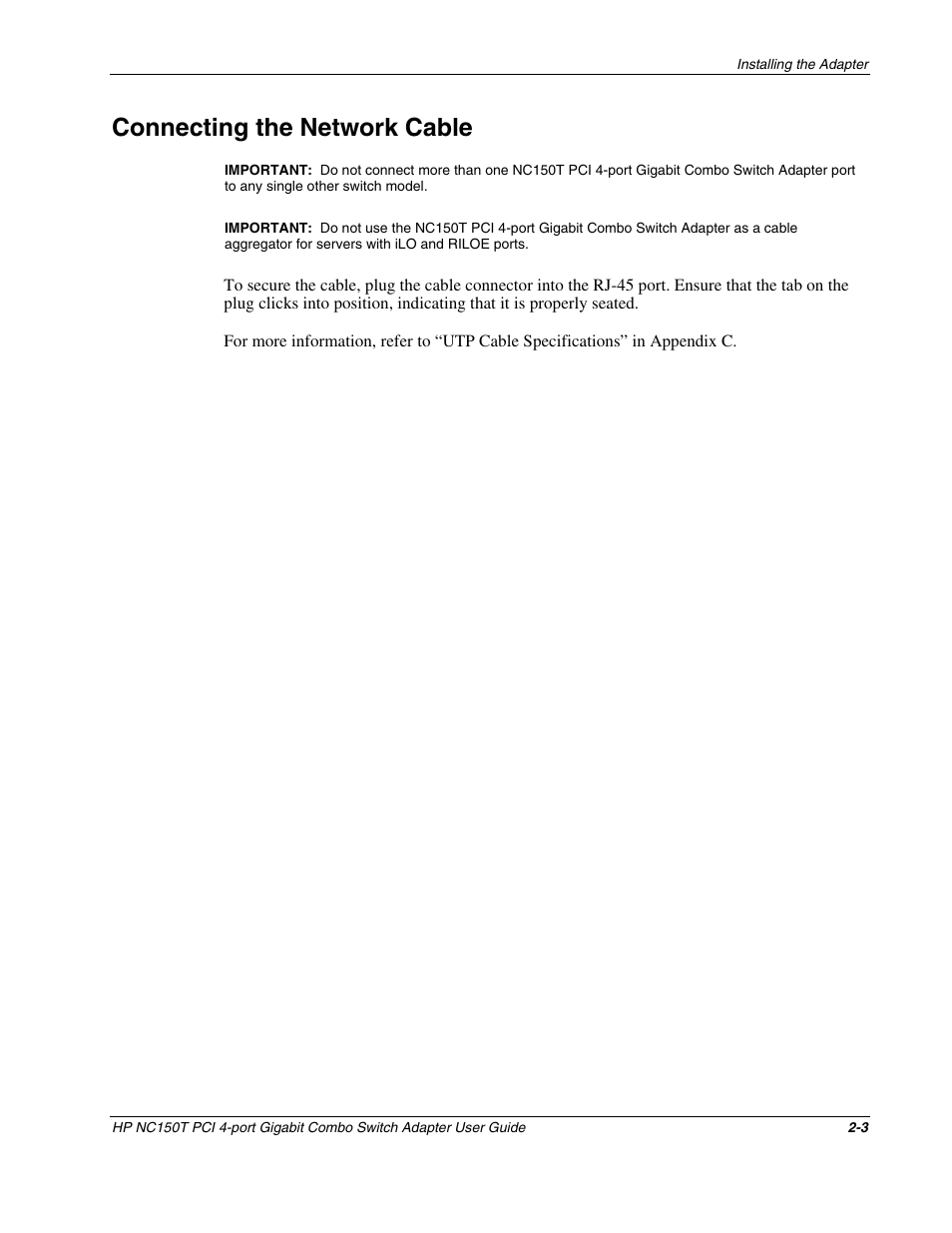 Connecting the network cable, Connecting the network cable -3 | HP NC150T PCI 4-port Gigabit Combo Switch Adapter User Manual | Page 11 / 17