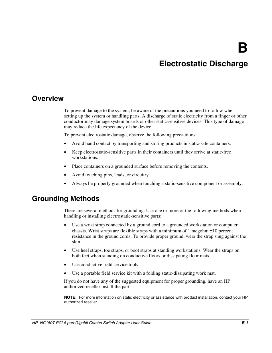 Appendix b: electrostatic discharge, Overview, Grounding methods | Appendix b, Electrostatic discharge | HP NC150T PCI 4-port Gigabit Combo Switch Adapter User Manual | Page 15 / 17