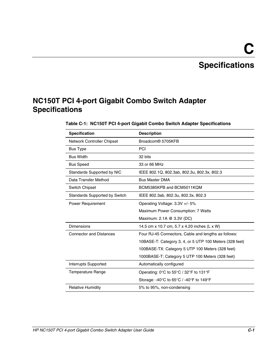 Appendix c: specifications, Appendix c, Specifications | HP NC150T PCI 4-port Gigabit Combo Switch Adapter User Manual | Page 16 / 17