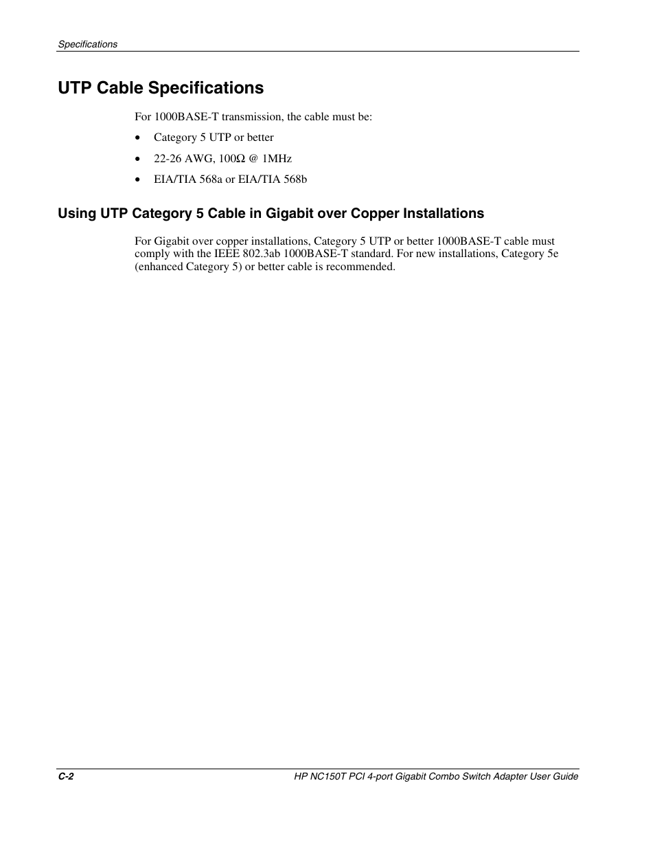 Utp cable specifications | HP NC150T PCI 4-port Gigabit Combo Switch Adapter User Manual | Page 17 / 17