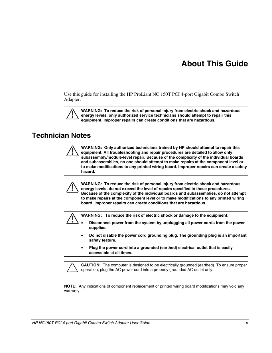 About this guide, Technician notes | HP NC150T PCI 4-port Gigabit Combo Switch Adapter User Manual | Page 5 / 17